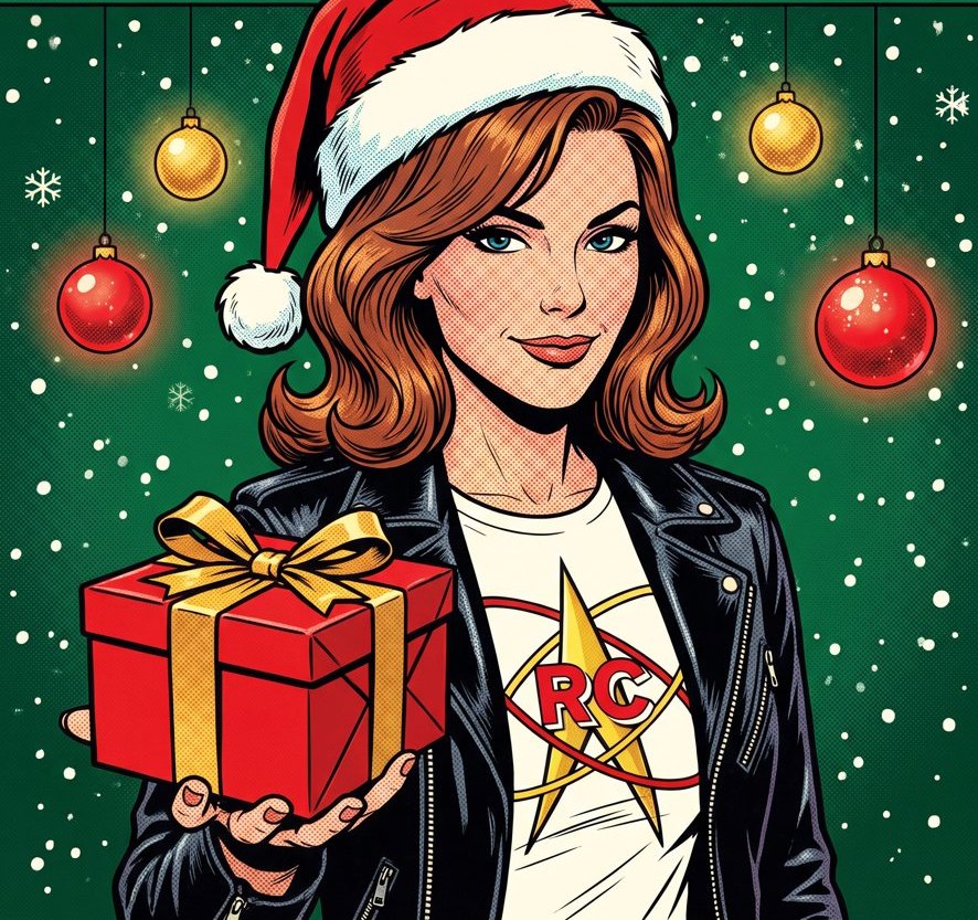 KT3000 in a Santa hat holding a wrapped gift